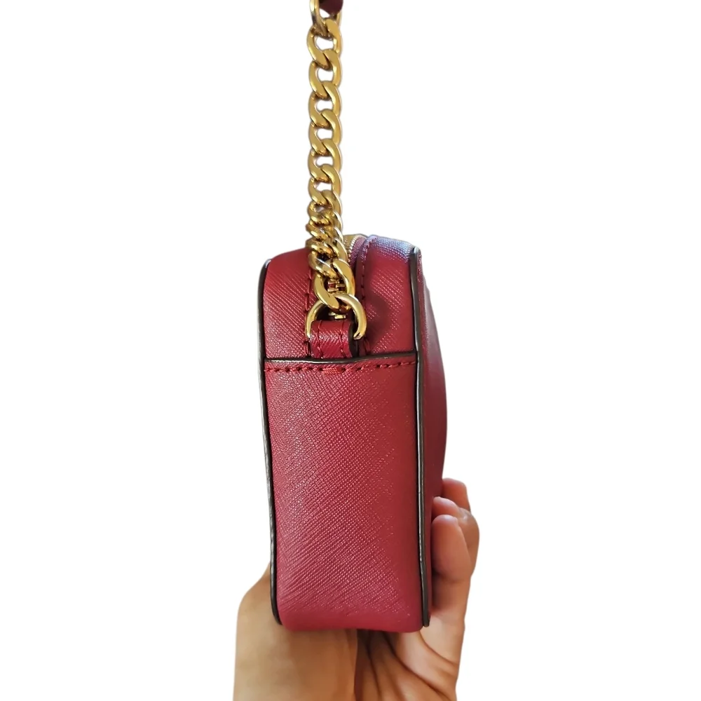 Michael Kors Jet Set Travel Crossbody Red Saffiano Leather Gold Chain MK Logo - Picture 6 of 9
